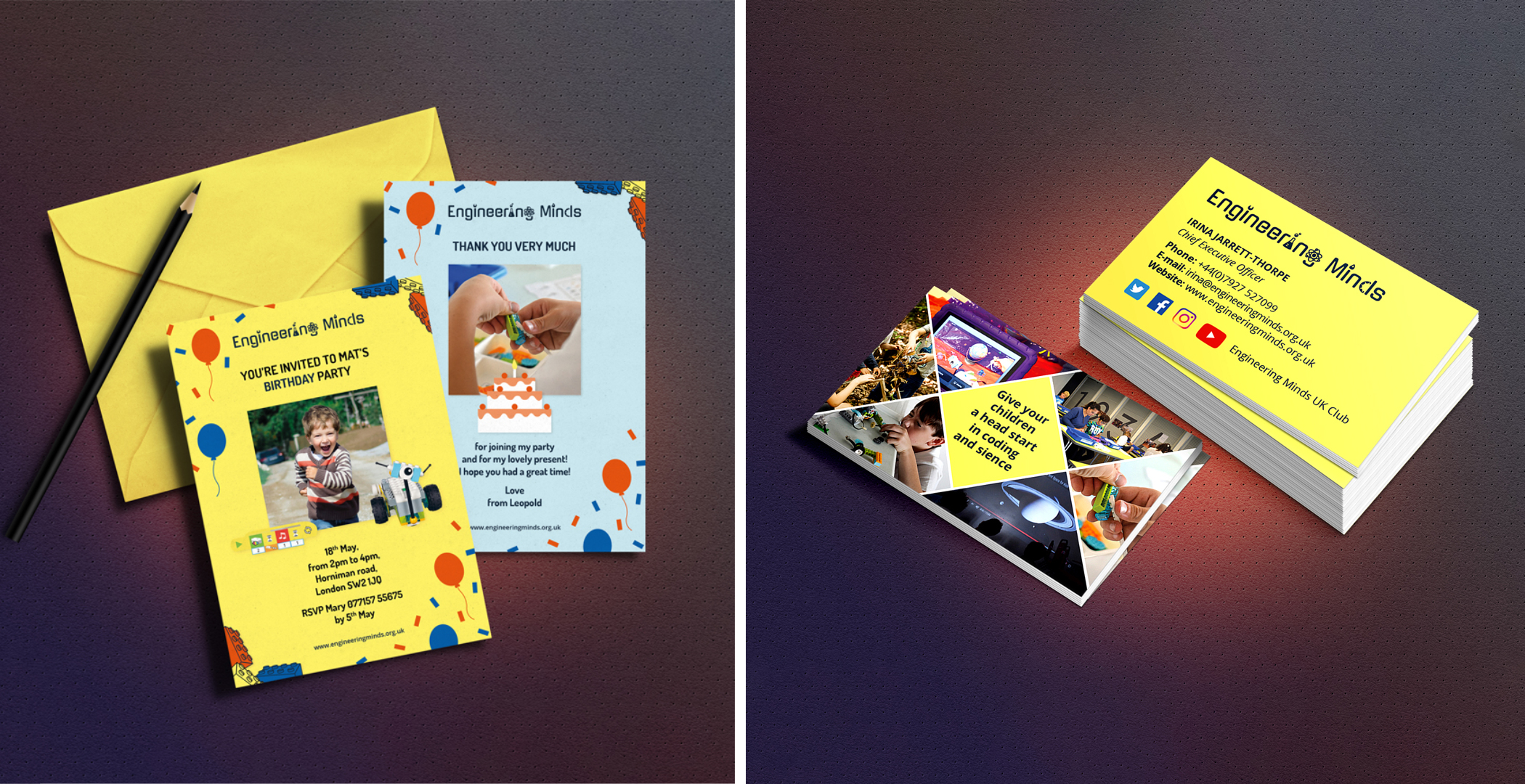 Engineering Minds' business cards and birthday party invitations